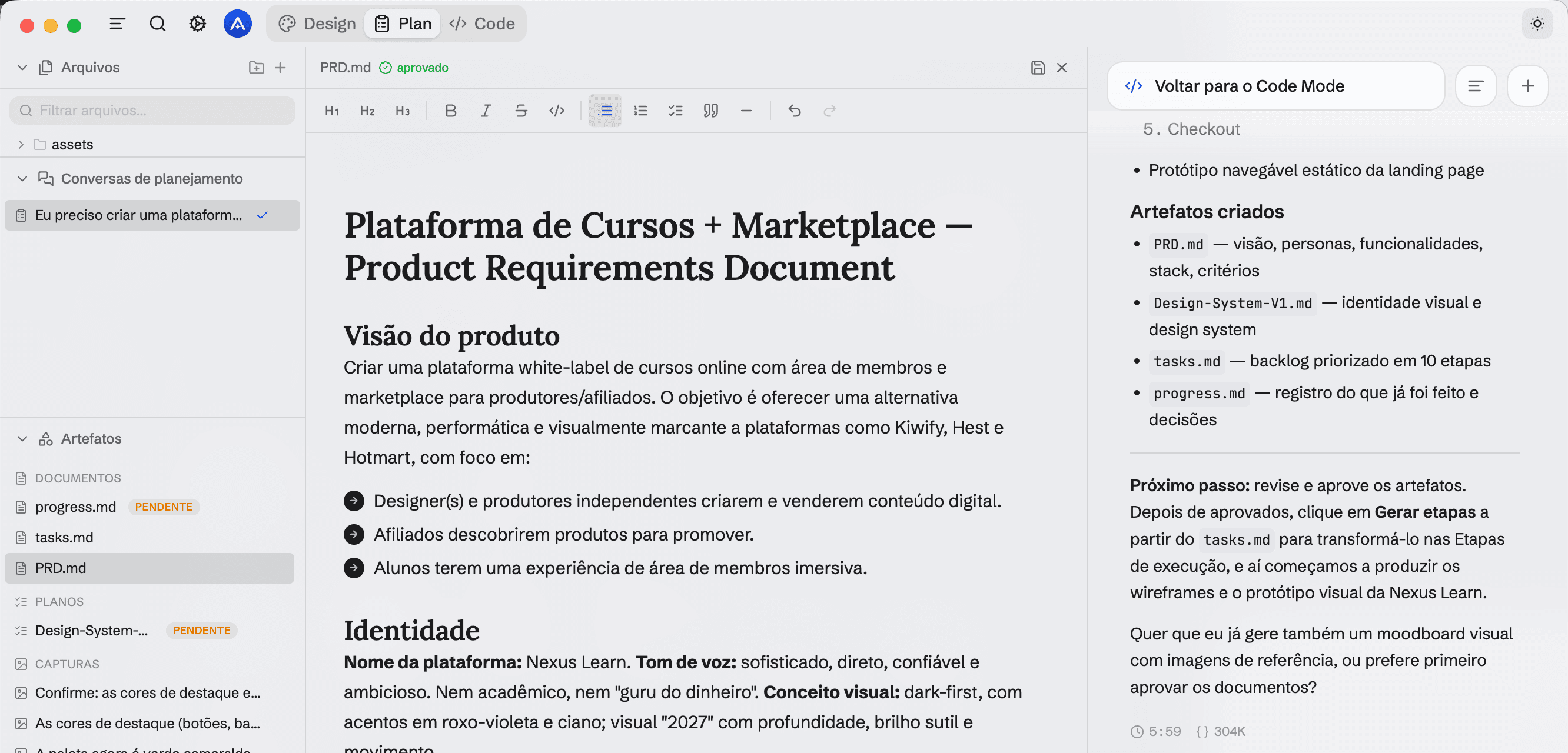 Axyoma no modo Plan: árvore de arquivos e artefatos à esquerda, o PRD.md aberto no editor e o agente listando os documentos que criou, à direita.