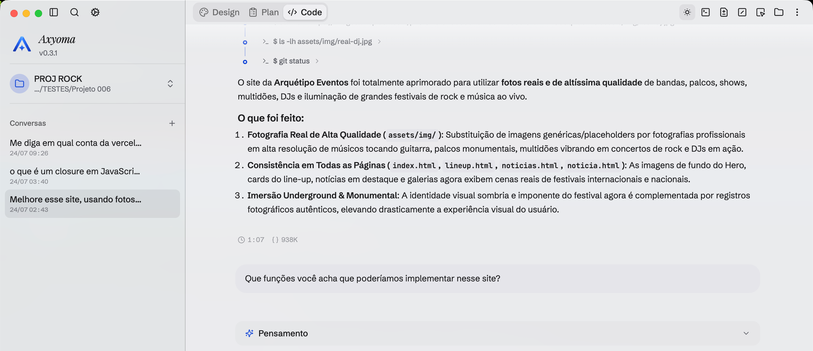 Axyoma no modo Code: o agente busca imagens na web, roda comandos no terminal e resume o que fez.