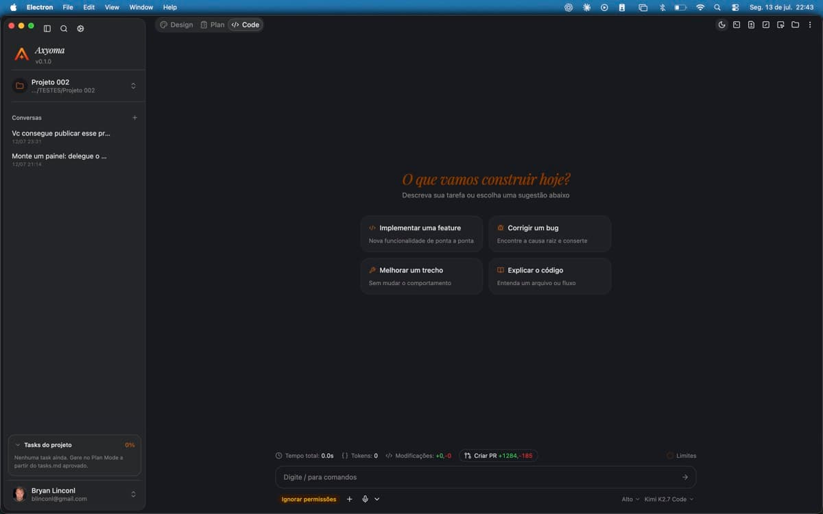 Axyoma em modo Code — estúdio com chat de engenharia ao lado